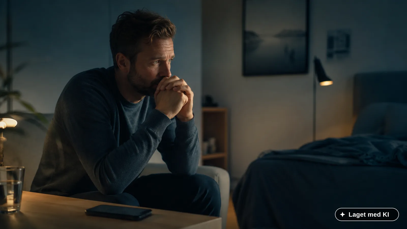 Mann sitter alene og ettertenksom i en stue om kvelden, med hendene foldet mot ansiktet.