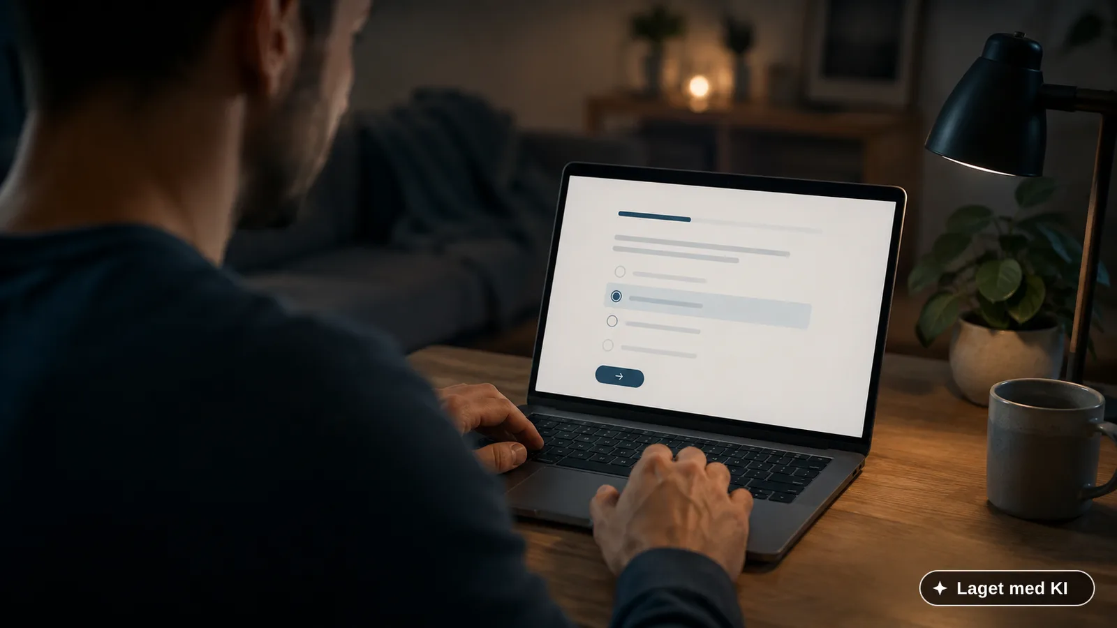 Person sitter med en laptop og svarer på et flervalgsspørsmål i en selvtest.