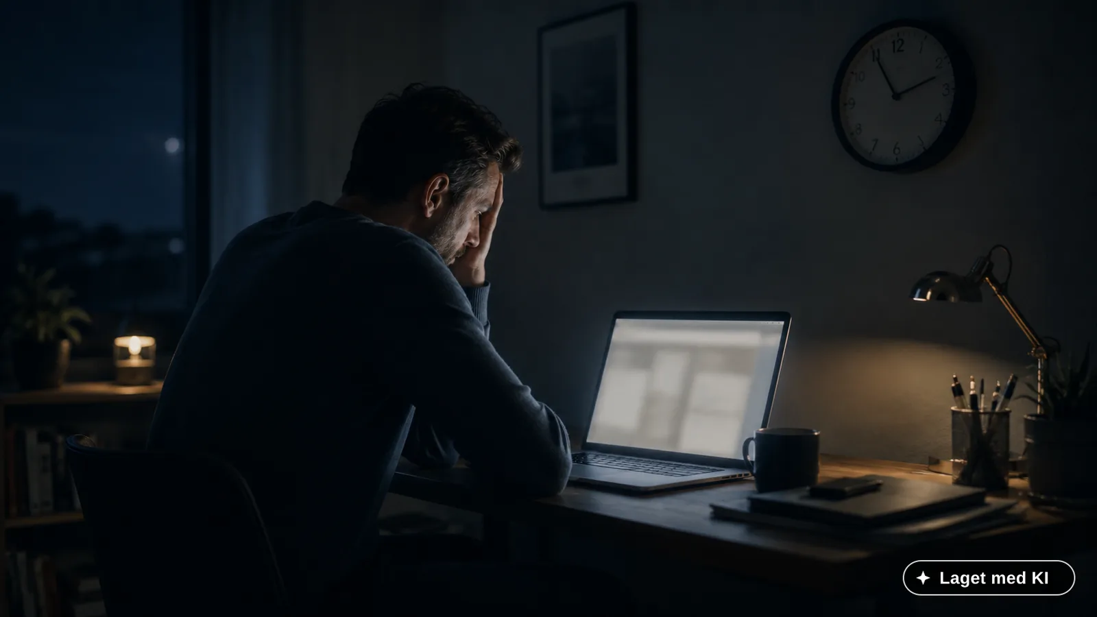 Mann sitter alene foran en laptop sent på kvelden, med hånden hvilende mot pannen.