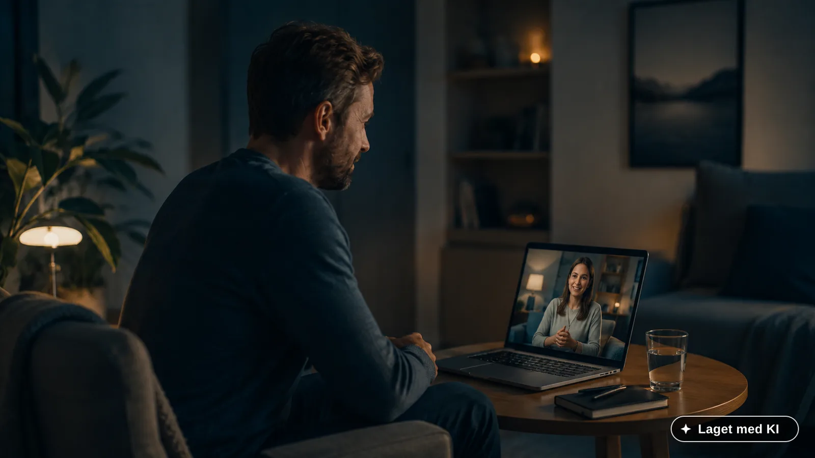 Mann i en videosamtale med en terapeut på laptop, hjemme i egen stue.