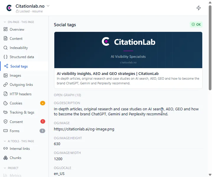 Chrome-udvidelsen viser on-page-SEO for den side, du står på, med faner for indhold, indekserbarhed, strukturerede data og sociale tags, her med forhåndsvisning af Open Graph.