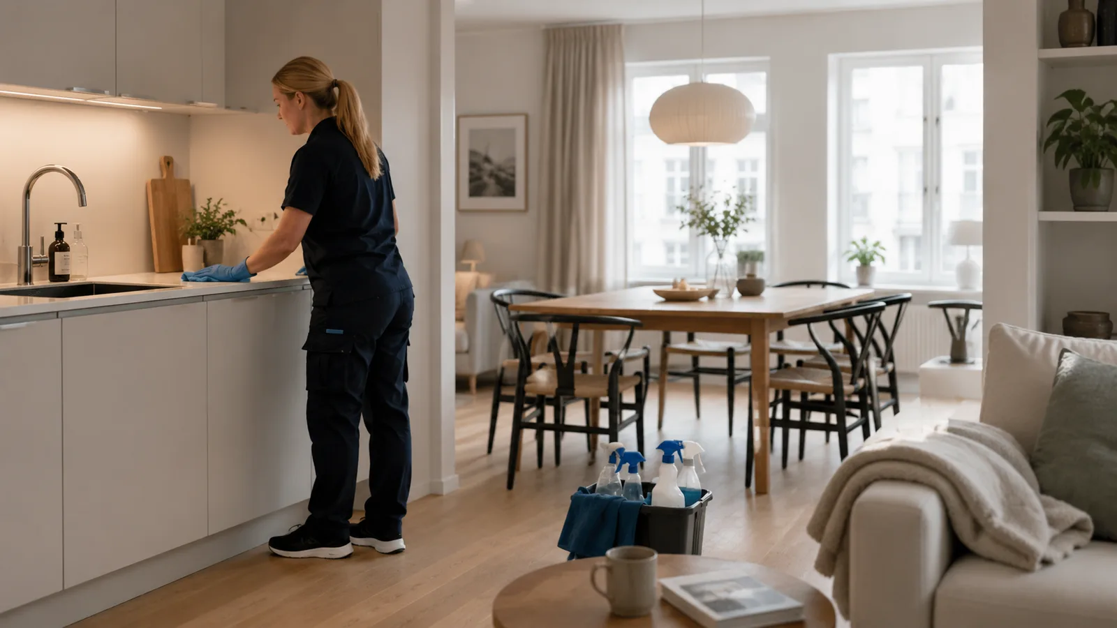 Renholder fra Hjemmevask.com tørker av kjøkkenbenken i en møblert leilighet med spisebord og sofa.